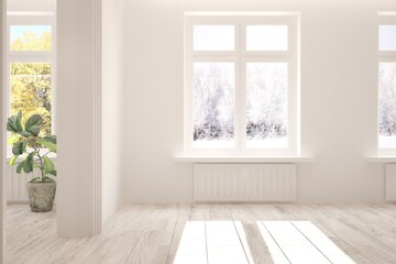 White empty interior concept with autumn and winter landscape in window. 3D illustration