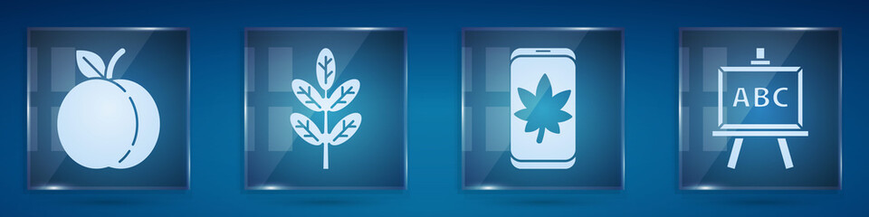 Set Peach fruit, Leaf or leaves, Leaf on mobile phone and Chalkboard. Square glass panels. Vector.