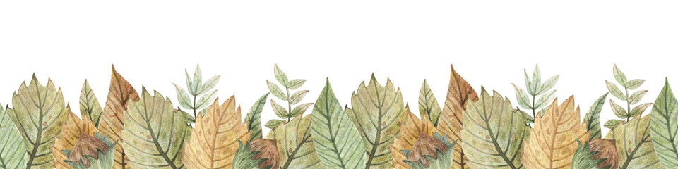 Hand drawn seamless border with forest botany. Watercolor pattern with autumn leaves and hazelnuts for decoration of books, fabric, ribbons, wallpaper, packaging and other purposes.