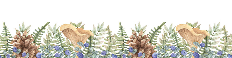 Hand-drawn botanical border. Watercolor seamless ribbon with cone, chanterelles, ferns, blueberries and leaves. Forest ornament for design, textiles, scrapbooking, decoration, printing.