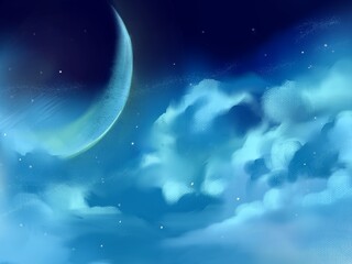 Obraz na płótnie Canvas bluely crescent moon and night sky with stars