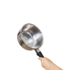Woman holding saucepan for cooking classes on white