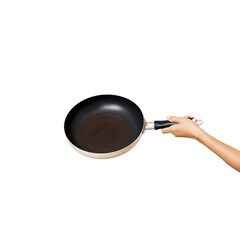 Hand holding a frying pan on an isolated white background