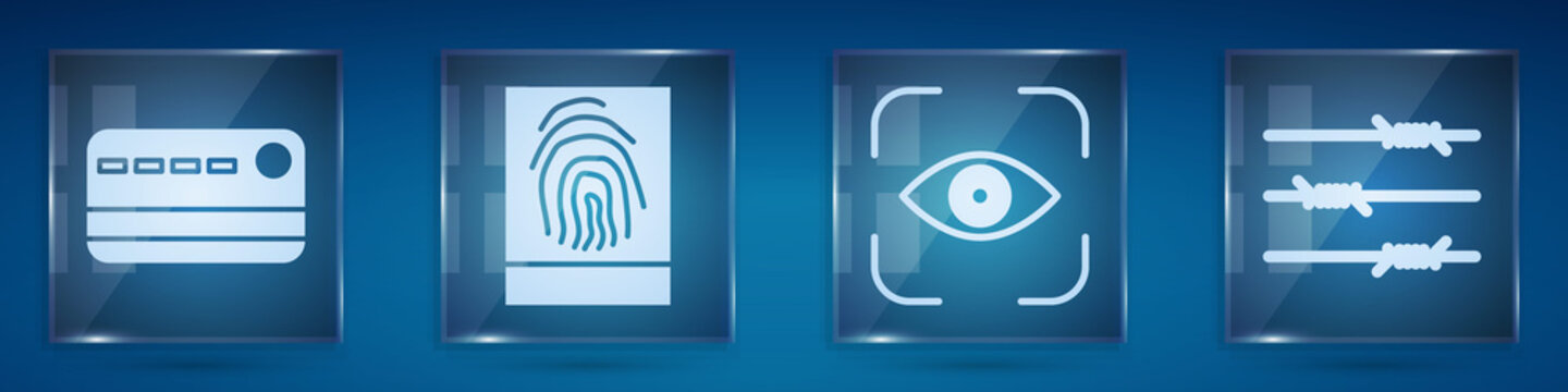 Set Credit card, Fingerprint, Eye scan and Barbed wire. Square glass panels. Vector.