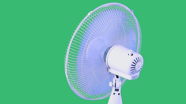 Back view of a white ventilator.The electric fan is on,turning,cooling the air,moving quickly from one side to another,spreading freshness.Studio shot on green background.Modern technology concept.