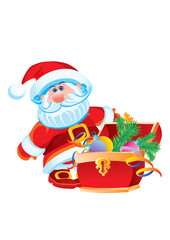 santa claus standing next to the chest with gifts, holiday, isolated object on a white background, vector illustration,