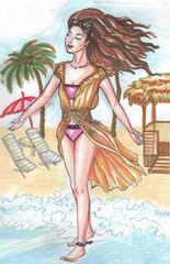 a woman in yellow with long dark hair and clothing eyes on the beach