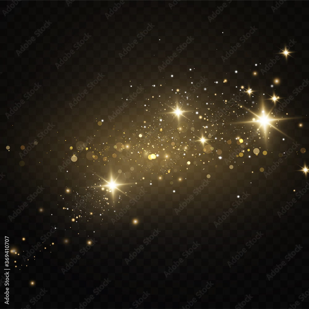 Poster  Vector sparkles on a transparent background. Christmas light effect. Sparkling magical dust particles.The dust sparks and golden stars shine with special light.