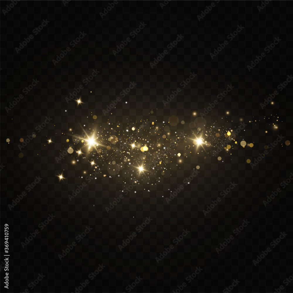 Poster  Vector sparkles on a transparent background. Christmas light effect. Sparkling magical dust particles.The dust sparks and golden stars shine with special light.