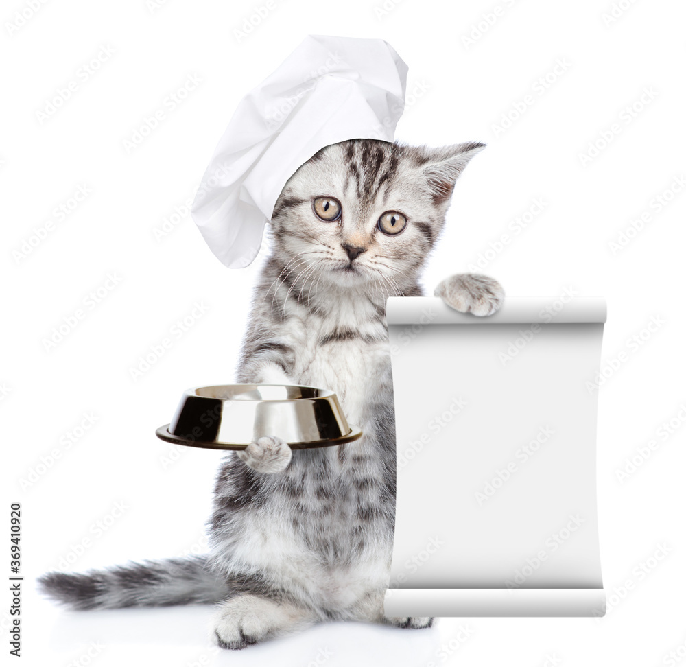Poster Kitten wearing chef's hat holds empty bowl and empty list. isolated on white background