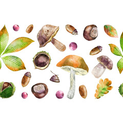 Watercolor seamless border with autumn harvest. Hand drawn illustration of mushrooms, red berries, leaves, chestnut, acorn on white. Forest elements for washi tape, label, packaging design.