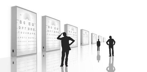 3D Illustration with Giant Ophthalmology Room With Glass Floor and Shadows of Humans