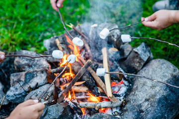 People roasting marshmallows around camping bonfire