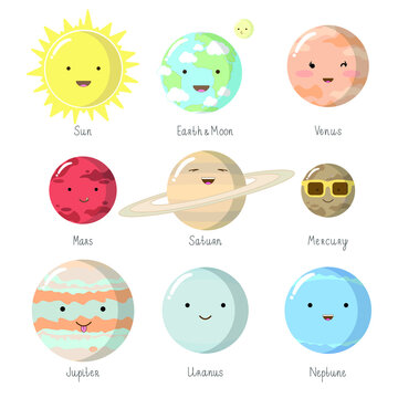 Solar System Planets. Characters Vector Set Icons. Сute flat illustration of smiling Sun, Mercury, Venus, Earth, Moon, Mars, Jupiter, Saturn, Uranus, Neptune on white  background. Picture for kids