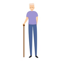 Senior man with walking stick icon. Cartoon of senior man with walking stick vector icon for web design isolated on white background