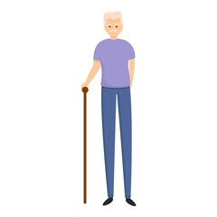 Senior man with walking stick icon. Cartoon of senior man with walking stick vector icon for web design isolated on white background