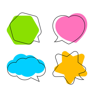 simple star shaped speech bubble yellow, heart shaped speech bubble pink, hexagon speech bubble green, cloud speech bubble blue, geometry balloon colorful and isolated on white for copy space