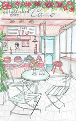 Cafe in French style - retro theme illustration
