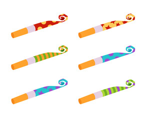 Colorful party blower horn set isolated on white background