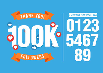 Thank you 100 000 followers background. Congratulating networking thanks, net friends abstract image, customers 100 000k sign. Isolated thumbs up, heart signs. stock illustration