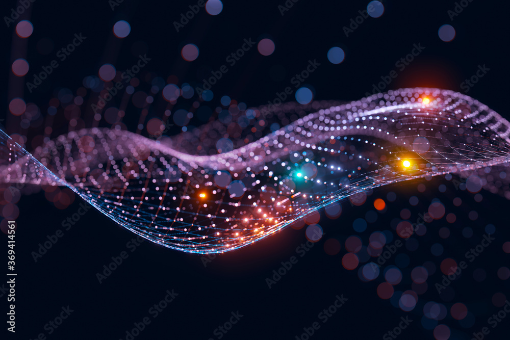 Poster Moving neon blue and orange wireframe pattern forming a digital network connection on dark background