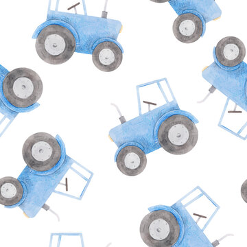 Beautiful seamless pattern with watercolor blue tractor. Stock illustration.