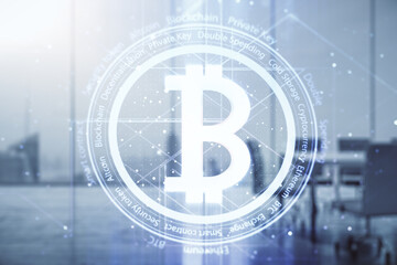 Double exposure of creative Bitcoin symbol hologram on a modern boardroom background. Mining and blockchain concept