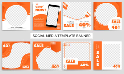 Set of Editable minimal square banner template. Orange and White background color with shape. Suitable for social media post and web ads. Modern promotion square banner. Eps 10