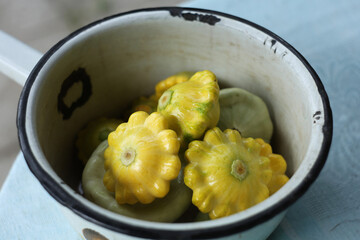 Young ripe squash in a metal pan.