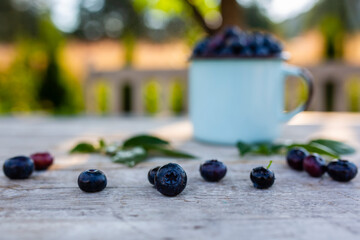 Fresh blueberries in a mug on wooden table.