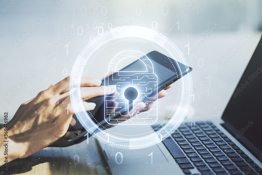 Poster creative lock illustration with microcircuit and finger presses on a digital tablet on background, c