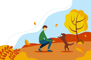 Obraz na płótnie Canvas Man playing with a dog in the Park. Concept illustration of outdoor recreation. Autumn illustration in flat style.