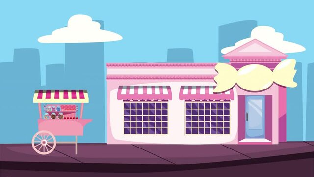 candy store building front facade animation