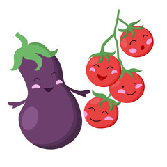 Happy couple of vegetables: tomato and eggplant. Nice crop.
Isolated on a white background.