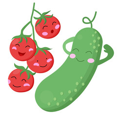 Cute cucumber and cherry tomatoes. Happy vegetables in cartoon style.
Isolated on a white background.