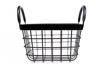 Black empty square shaped metal basket with handles isolated on white background