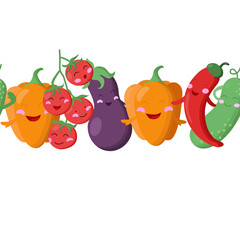 Seamless banner made of kawaii vegetables with handles. Fruits of eggplant, sweet and spicy pepper, cucumber and cherry tomato.
Isolated on a white background.