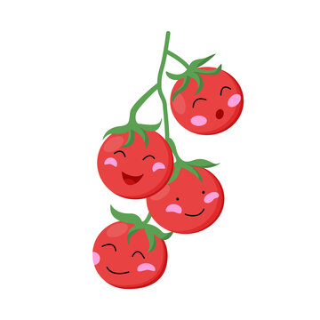 Cute little cherry tomatoes on a branch. Red kawaii vegetables.
Vector image on a white background.