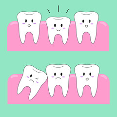 Vector illustration. The choice of images. Funny teeth. Teeth icons. Problems with the teeth. Abnormal development of the tooth. Caries. Correction of teeth.