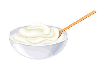 Sour Cream in Glass Bowl with Spoon as Dairy Product Vector Illustration