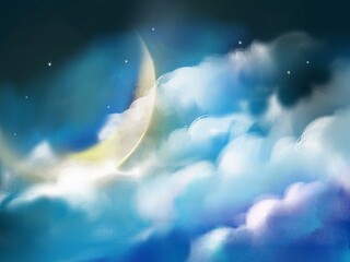 crescent moon and clouds in starry space