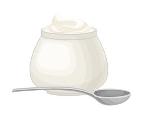 Sour Cream as Dairy Product in Glass Container with Spoon Rested Nearby Vector Illustration