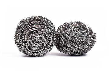 Two steelwool pot cleaner scrubs isolated on white background