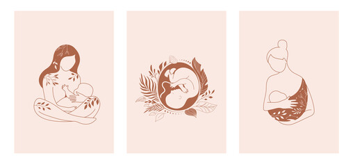 Motherhood, maternity, babies and pregnant women logos, collection of fine, hand drawn style vector illustrations and icons 