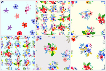Seamless pattern set. Vector floral design with wildflowers. Romantic background collection
