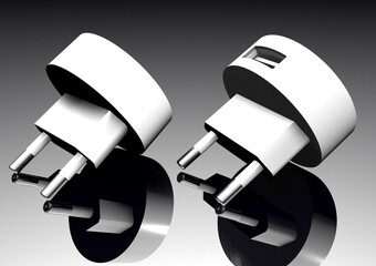 Couple white plug with usb connector for charging  cell phones lie on titanium background with reflection on it.