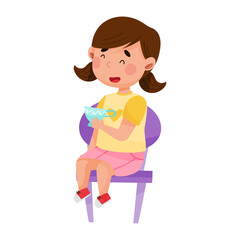 Little Girl Sitting on Small Chair and Drinking Toy Tea Vector Illustration