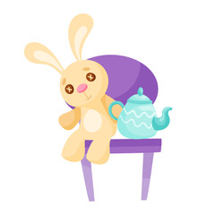 Fluffy Hare Toy Sitting on Chair with Teapot Vector Illustration