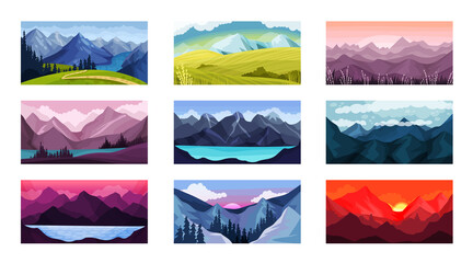 Mountain Landscape with Peaks and Rocky Hills Vector Illustration Set - obrazy, fototapety, plakaty