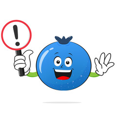 Blueberries character smiles with a warning sign on a white background -vector